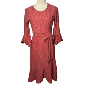 Reborn J Pink Ruffle Bell Sleeve Dotted Midi Dress Small Office Careerwear